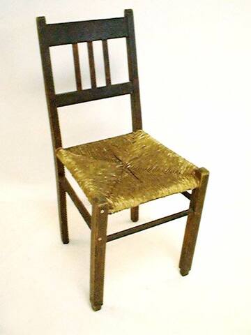 Stuhl JHW rustikal Holz dunkel, runde  Beine Stegverbindungen,  Rücken gestäbt, Binsensitz