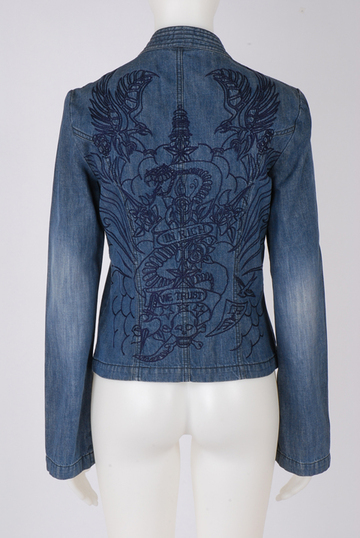 Jeansjacke blau o. Verschluss m. abgesteppter Blende, geschlitzen Ärmeln u. Stickerei in RT Richmond