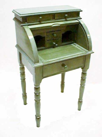 Sekretär, klein, grün, gedrehte Beine, Jalousie, 1 großer Schub, 2 kleine Schübe,