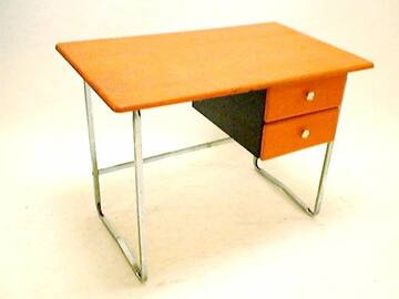 Kinderschreibtisch, SIJ, orange weiß, Stegverbindung, Metallkufen, 2 Schübe, 100x60x72cm