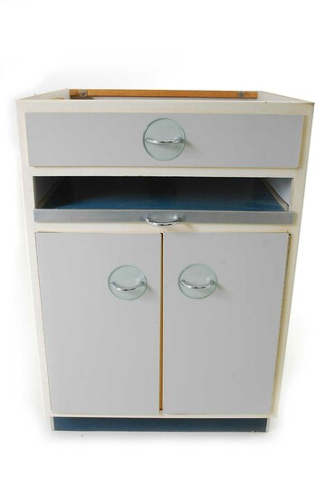 Küchenunterschrank, grau, weiß, 60er Jahre, 2-türig, 1 Schublade, 1 Auszug POGGENPOHL