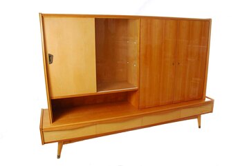 Schrank "Wohnzimmerschrank" Ahorn, FUJ, auf Beinen, 4 Schübe, 2 Flügeltüren, 1+1 Schiebetüren Glas, Holz, 2 Einlegeböden Holz, 2 Einlegeböden Glas