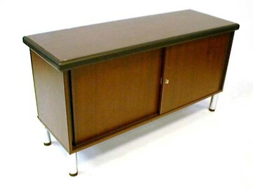 Bürokommode, ACH, Palisander, 2 Schiebetüren, schwarze Kante, runde Chromfüße, 123x44x67 cm,