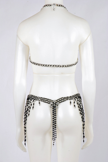 Showbikini zweifarbig schwarz/silber Perlen 2tlg m. Fransen