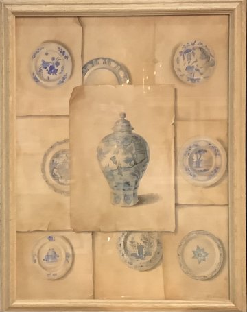 P- Bild gerahmt, Porzellan, blau-weiss, Teller, Dose asiatisches Motiv, heller Kunststoffrahmen