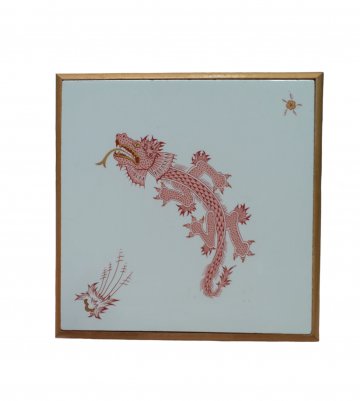 Untersetzer, Keramik, Holzrahmen, weisse Fliese mit rotem Drachen, asiatisch, 17 x 17 cm