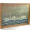 Bild / Ölbild auf Pappe, Frachter auf See, gerahmt in schmaler Goldleiste