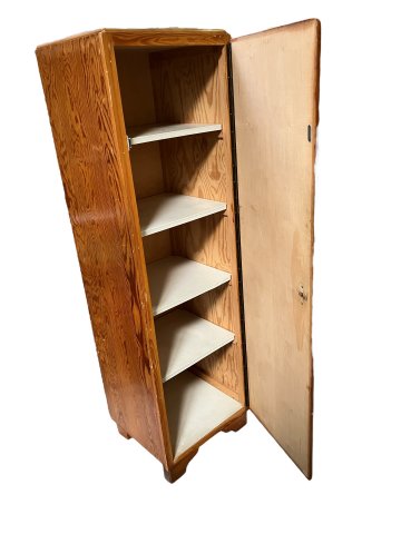 Schrank, Holz, braun, 30er, Kiefer gelackt, 1-türig, 4 Einlegeböden, 50x40cm, h 170cm, Besenschrank