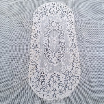 Store 195x180 creme, Gittertüll, horizontale Häkelspitze unten + großes Spitzenoval in Mitte, dicke Drellfransen, Tunnelsaum