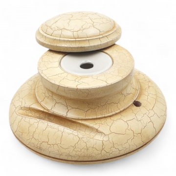 Tintenfaßständer, Holz Eierschalenoptik, Drehbarer Deckel, Fasseinsatz Keramik weiß, Stiftkerbe, Ø15x9