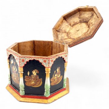 Holzkiste MUGHAL, indische Malerei, Klappdeckel mit Messingring, Verschluß beschädigt, H25xØ28