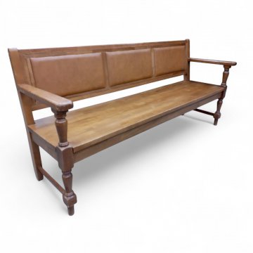 Gerichtsbank, Buche braun gebeizt, Rücken wahlweise Kreuzsteg/Traljen/Leder braun, Beine gedrechselt, 3-er, B180