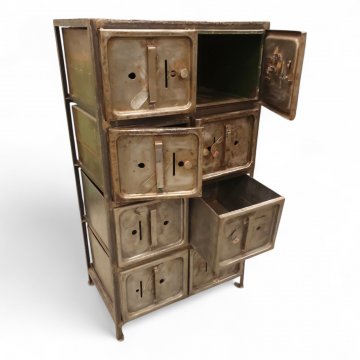 Schrank,Metall roh, grau/schwarz, Industriedesign, 4 Schubfächer, 4 Türfächer, H/B/T 135x75x49