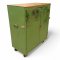 Werkstattschrank, Metal grün, 2-türig, innen 2 Schubladen, oben Holzplatte Buche, Vorhangschloß, auf Rollen, H/B/T 112x91x50
