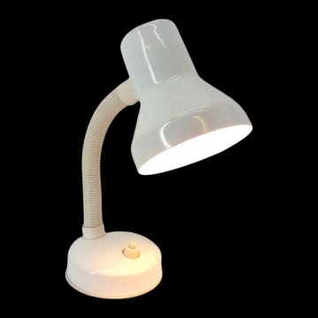 Tischlampe, Metall weiß, Schwanenhals, Schirm Trichterform Ø10, Fuß rund Ø10 mit Druckknopfschalter, 1 flg. E27 max.40W, H30
