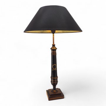 Tischlampe, Holz schwarz, Säule mit goldenen Lorbeeren verziert, Sockel viereckig, gestuft, 1 flg. E27 max.60W, H63