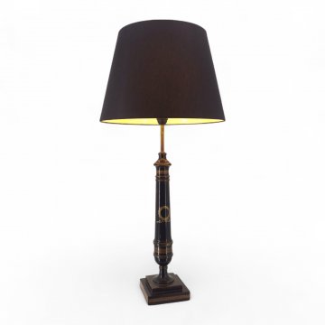 Tischlampe, Holz schwarz, Säule mit goldenen Lorbeeren verziert, Sockel viereckig, gestuft, 1 flg. E27 max.60W, H63