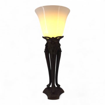 Tischlampe, Bronzefuß, 3 Säulen figürlich verziert, Lampenschirm Opalglas ø25, Tulpenform, 1 flg. E27 max.100W, H45