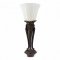 Tischlampe, Bronzefuß, 3 Säulen figürlich verziert, Lampenschirm Opalglas ø25, Tulpenform, 1 flg. E27 max.100W, H45