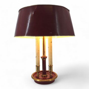 Tischlampe, Messing/ bordeauxrot/beige, Tischfuß mit Goldrand Ø19, Schirm Metall innen weiß, Topaufhängung, ø35, 3 flg. E14 max.60W, H50