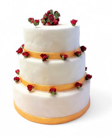 Torte ROSEN HOCHZEIT, 3-stöckig, creme, rote Rosen bestückt, Perlenkette, H32, DEKO