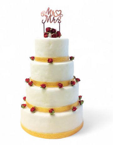 Torte ROSEN HOCHZEIT, 4-stöckig, creme, rote Rosen bestückt, MR&amp;MRS Schild, Perlenkette, H44, DEKO