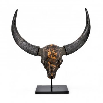 Geweih - Wasserbüffelgeweih TORAJA - SULAWESI, Horn handgeschnitzte mythologische Darstellungen, Schädelplatte dunkle Patina geflemmt, gesockelt, L74xH77xB14