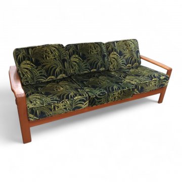 Sofa, Teakholz, Danish Teak, Holz, 3-sitzer, 60er Jahre, Stoffpolster, grün, Palmenmotiv, lose Kissen