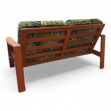 Sofa, Teakholz, Danish Teak, Holz, 2-sitzer, 60er Jahre, Stoffpolster, grün, Palmenmotiv, lose Kissen
