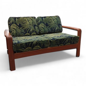 Sofa, Teakholz, Danish Teak, Holz, 2-sitzer, 60er Jahre, Stoffpolster, grün, Palmenmotiv, lose Kissen