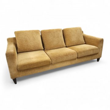 Sofa SALCON, Vollpolster Breitcord goldbeige, 6 lose Polsterkissen, gerade Armlehnen, Füße dkl.braun konisch, 3-er, B220