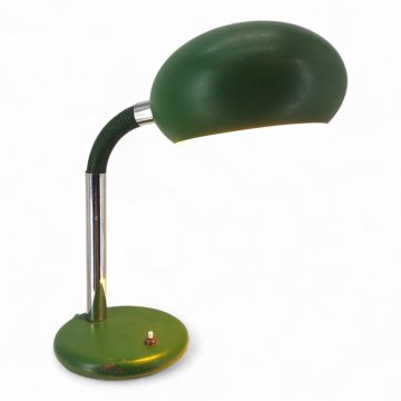 Schreibtischlampe, Metall, grüner Sockel, Ø18, Schwanenhals- Schwenkarm auf verchromten Schaft, flacher ovaler Schrim, ø22, 1 flg. E27 max.60W, H45