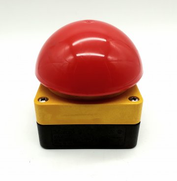 Buzzer / Not-Aus-Knopf, roter Knopf auf gelb / schwarzem Fuss