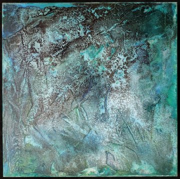 Bild auf Leinwand, Mischtechnik,  Acrylfarbe, Tusche, Spachtelmasse und Bitumen, grün/blau/schwarz, Recte bei FTA