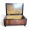 Schatulle Holz, braun-schwarz, dunkel, ovale Intarsienarbeit auf Deckel, vier schwarze Füßchen, Schloss, ohne Schlüssel, 24x16x11