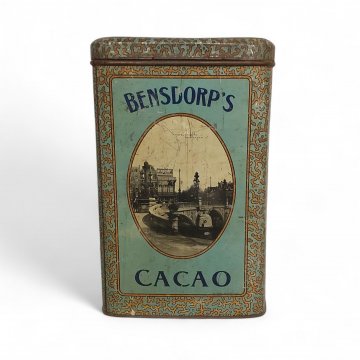 Dose Blech, groß, Bensdorp´s Cacao, türkis-gold gemustert, ovale Bilder, alt, 32x20x15, leichte Gebrauchsspuren