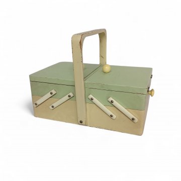 Nähkästchen Holz, creme-türkis, Henkel, Kugelgriffe, zum Ausklappen, gefüllt, 26x16x11