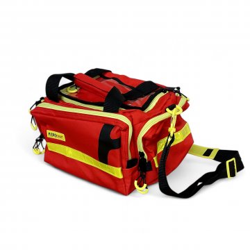 Rettungs-Tasche, Rescue, Erste Hilfe, Tasche, klein, leer, Nylon, rot, gelbe Reißverschlüsse, schwarze Tragegurte, 40x20x20