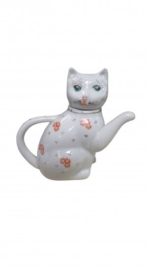 Teekanne WINKEKATZE, weiß, kleines Blumenmuster, h 15cm, b 9cm, t 14cm