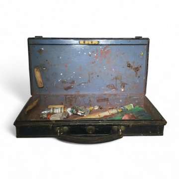 Köfferchen mit Malerutensilien, Metall, schwarz, Ledergriff, Riegelverschluss, 40x20x7, Gebrauchsspuren