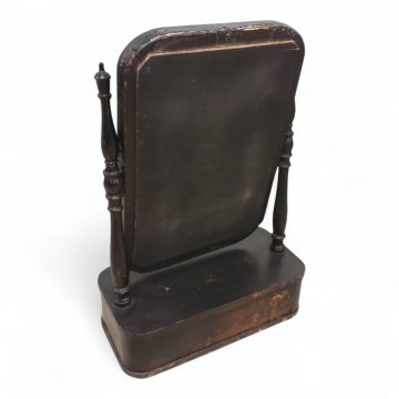 Tischspiegel, schwarz lackiert, Profilrahmen, Säulen gedrechselt, Sockel mit Schub, schwenkbar, H70xB46