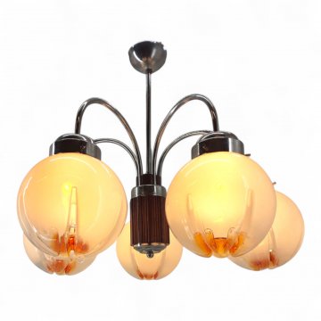 Hängelampe MURANO-BALL, Metall verchromt, Teakholz, 5 flg. Ausleger gebogen, Glaskugel matt weiß - Einkerbungen bernsteinfarben ø17, Schraubhalterung, Stegaufhängung,5xE14 max.40W, H44