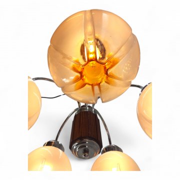 Hängelampe MURANO-BALL, Metall verchromt, Teakholz, 5 flg. Ausleger gebogen, Glaskugel matt weiß - Einkerbungen bernsteinfarben ø17, Schraubhalterung, Stegaufhängung,5xE14 max.40W, H44