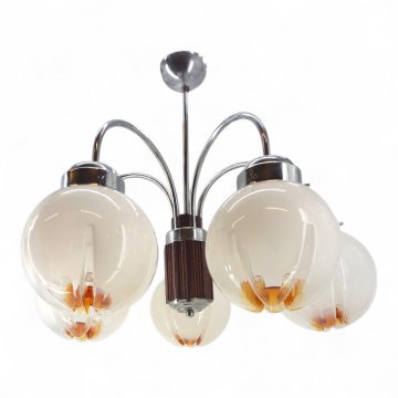Hängelampe MURANO-BALL, Metall verchromt, Teakholz, 5 flg. Ausleger gebogen, Glaskugel matt weiß - Einkerbungen bernsteinfarben ø17, Schraubhalterung, Stegaufhängung,5xE14 max.40W, H44