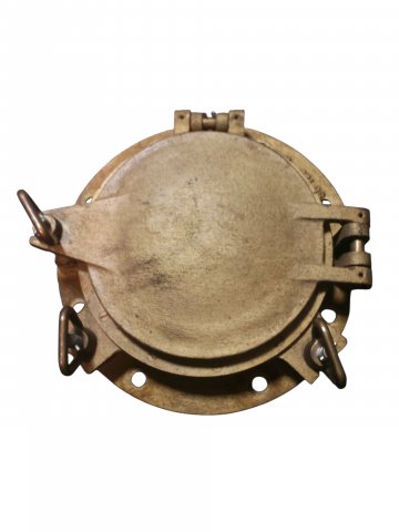 Bullauge, massiv, Gusseisen, bronziert, drei Arretierschrauben, echter Glaseinsatz, kann geöffnet werden, mit Ring, 40 x 10 cm, schwer 15 kg