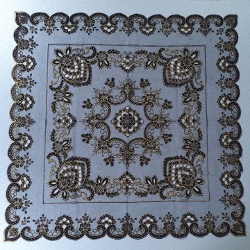 Tischdecke 90x90 Tüll, schwarz, großes Ornamentmuster in gold / schwarz, glitzernd