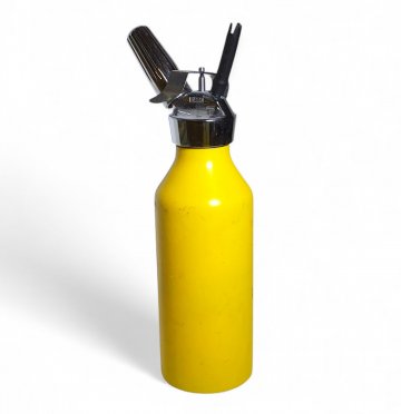 Sahne-Spender gelb-chrom, Metall, für Gaspatrone, 35H, leichte Gebrauchsspuren