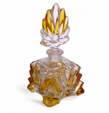 Flakon Parfum, Kristall-Glas, gelbe Verzierungen, schmaler, federartiger Stöpsel, viereckig, 15x7x7