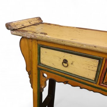 Konsoltisch ASI Holz bunt bemalt, vier Schubladen, handbemalt mit Blumen- und Vogelmotiven, seitlich verzierte Abschlüsse, Vintage