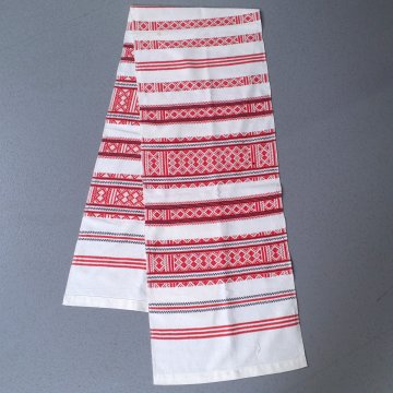 Tischläufer 35x170 Leinen, creme/ rot, weiß + schwarze Musterblockstreifen